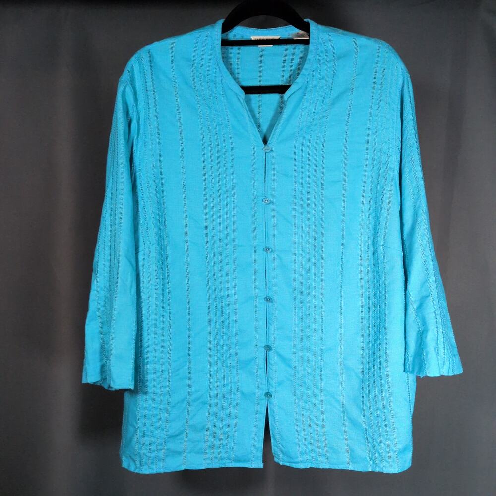 Vintage Laura Ashley 100% Linen Woven Button Tunic Top Long Sleeve Blue Size 2x